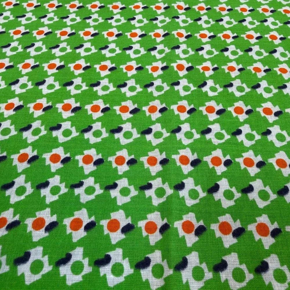 Vintage French Cotton Scarf Green Orange Geometric Floral Print Bandana 21x21